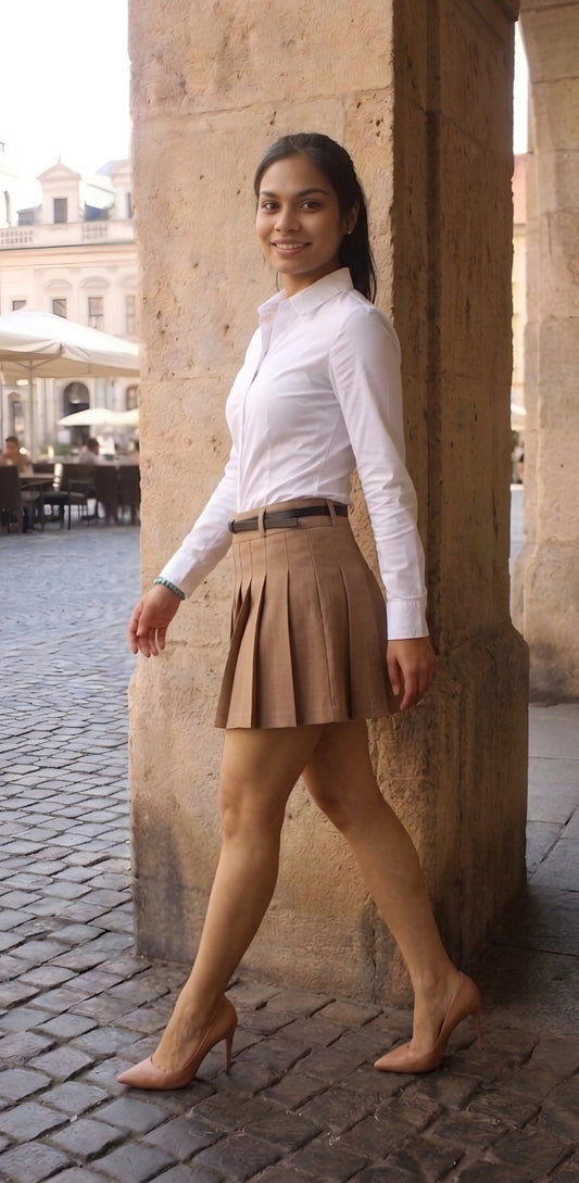 high-waisted pleated mini skirt with belt